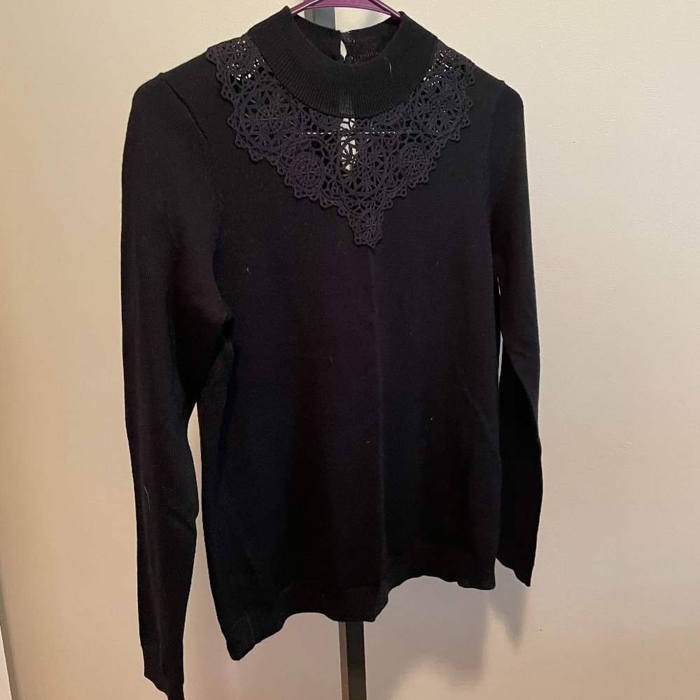 NWT Black Merino Wool Sweater with lace and button accents